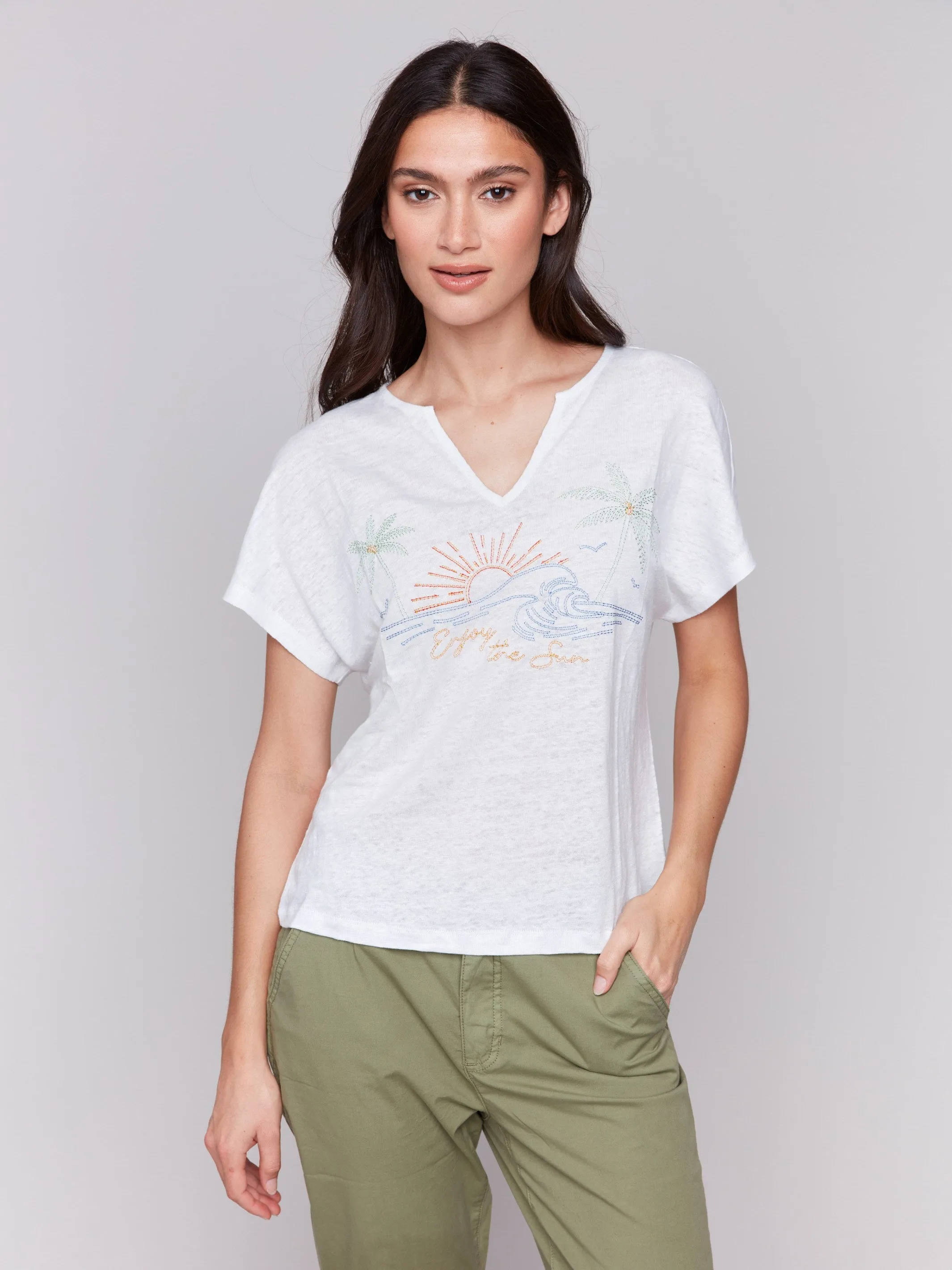Chic Fashion Embroidered Short Sleeve Dolman Top - White