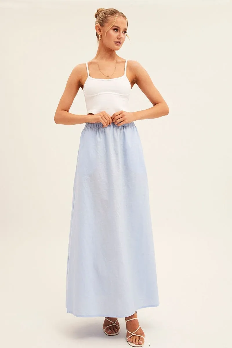 Fashion Forward Stretchy Blue Maxi Skirt Linen Blend Side Split