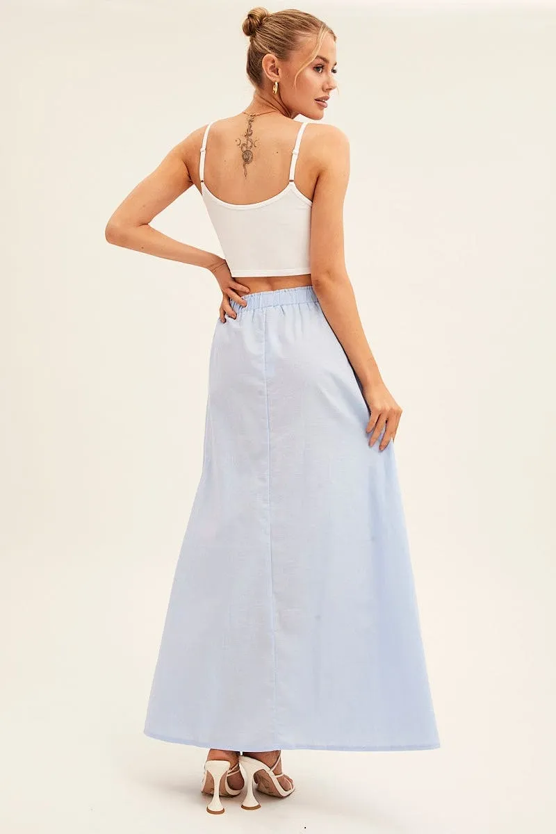 Blue Maxi Skirt Linen Blend Side Split Velvet Finish