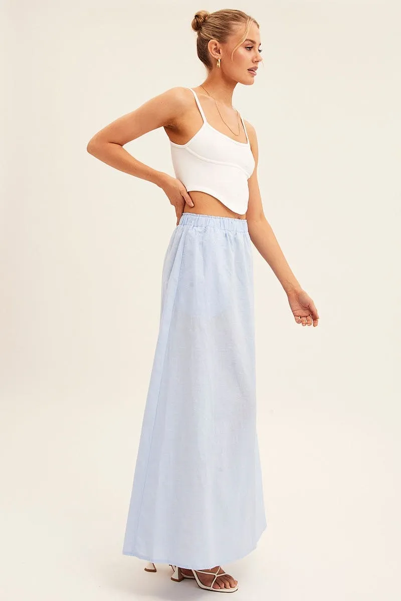 Elasticized Hem Fresh Texture Blue Maxi Skirt Linen Blend Side Split