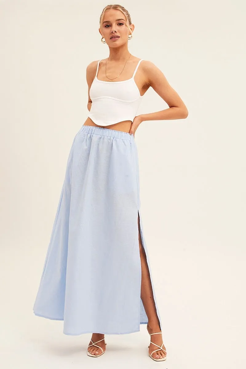 Stretch Material Blue Maxi Skirt Linen Blend Side Split