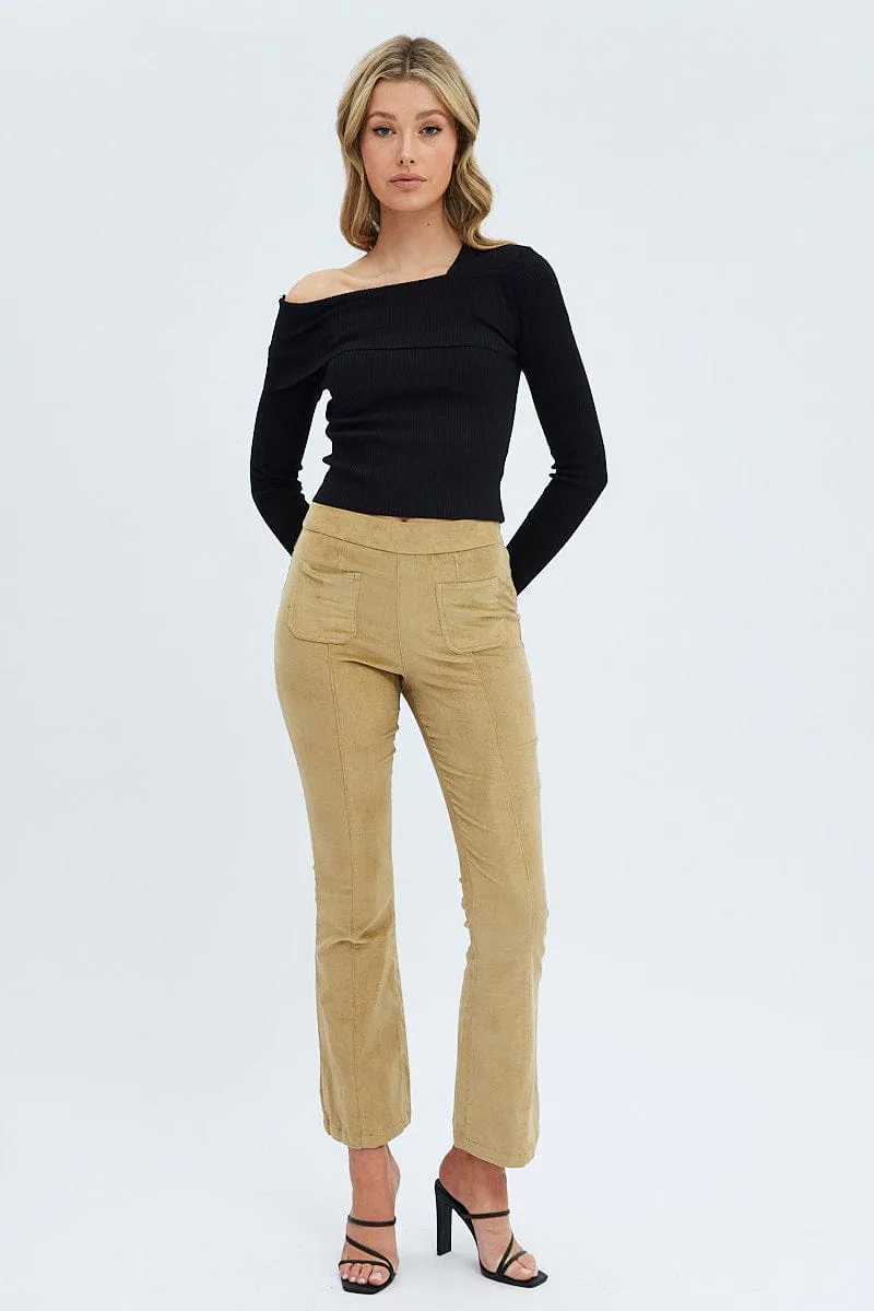 Camel Flare Leg Pants High Rise Corduroy Professional Wear