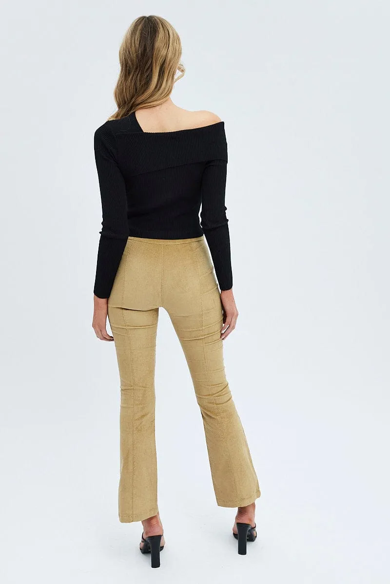 Camel Flare Leg Pants High Rise Corduroy Chic Design