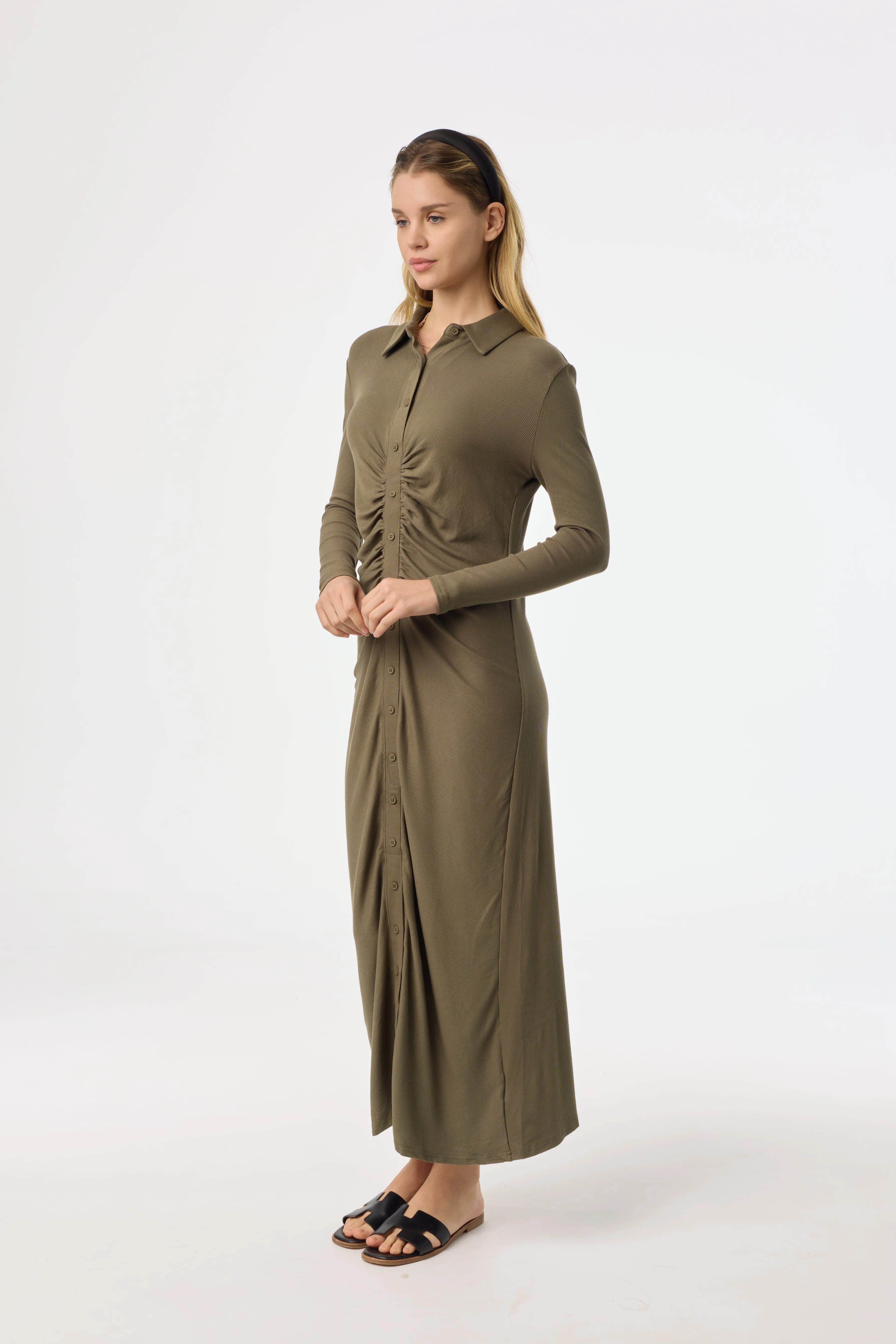 Green Ruched Cardi Maxi Dress Thick Fiber