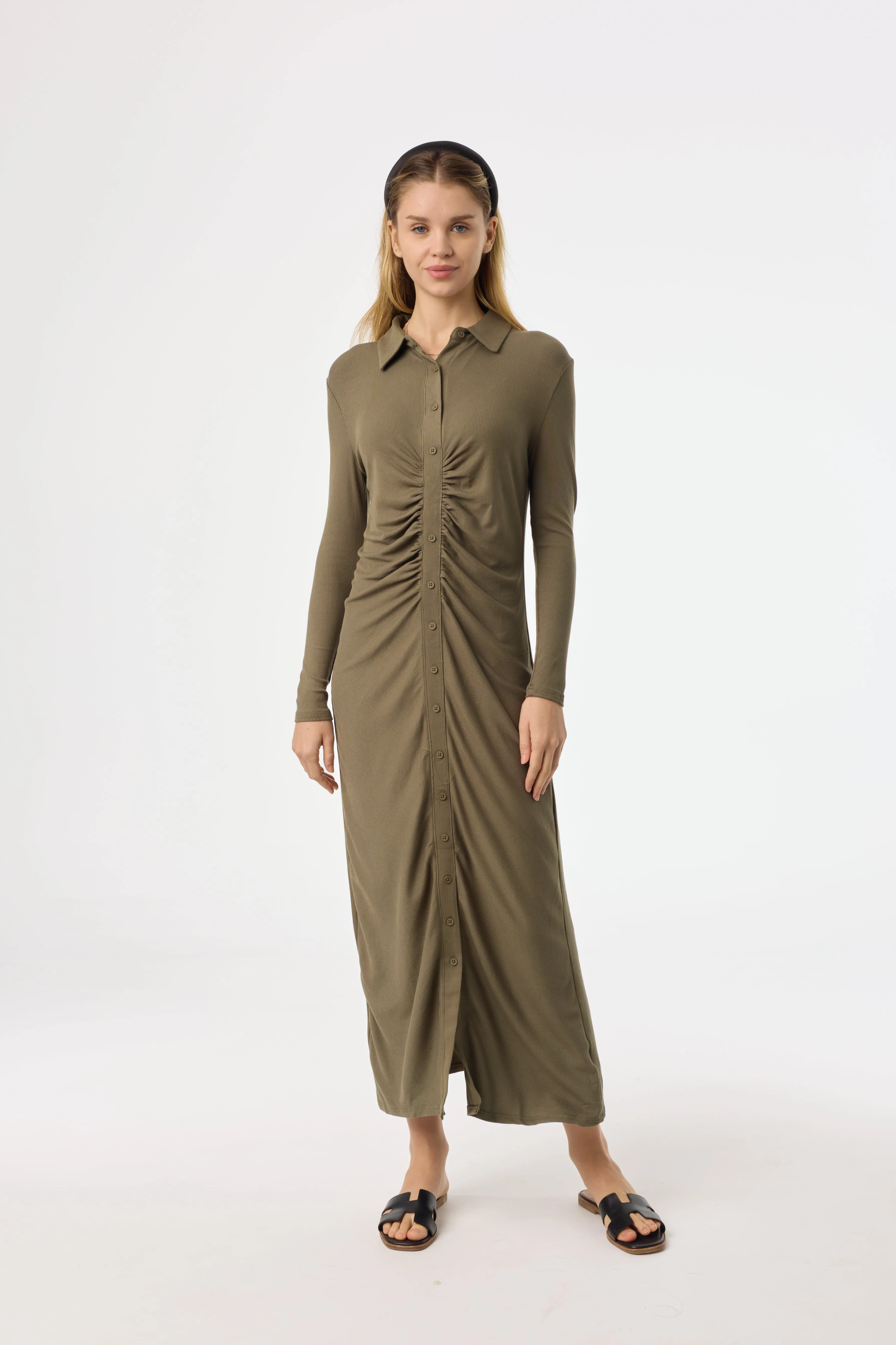 ShrinkResistant Warm Base Green Ruched Cardi Maxi Dress