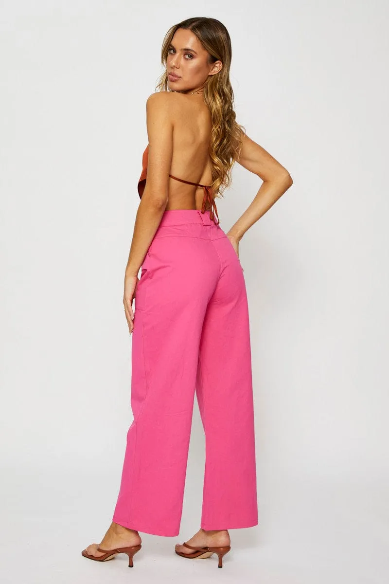 Reinforced Stitching Pink Wide Leg Pants