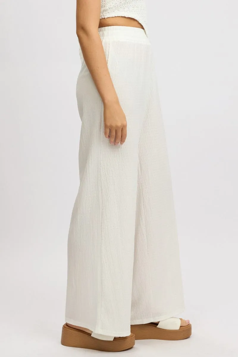 Work Comfort Flattering Fit Wear White Wide Leg Pants High Rise Textured Fabric