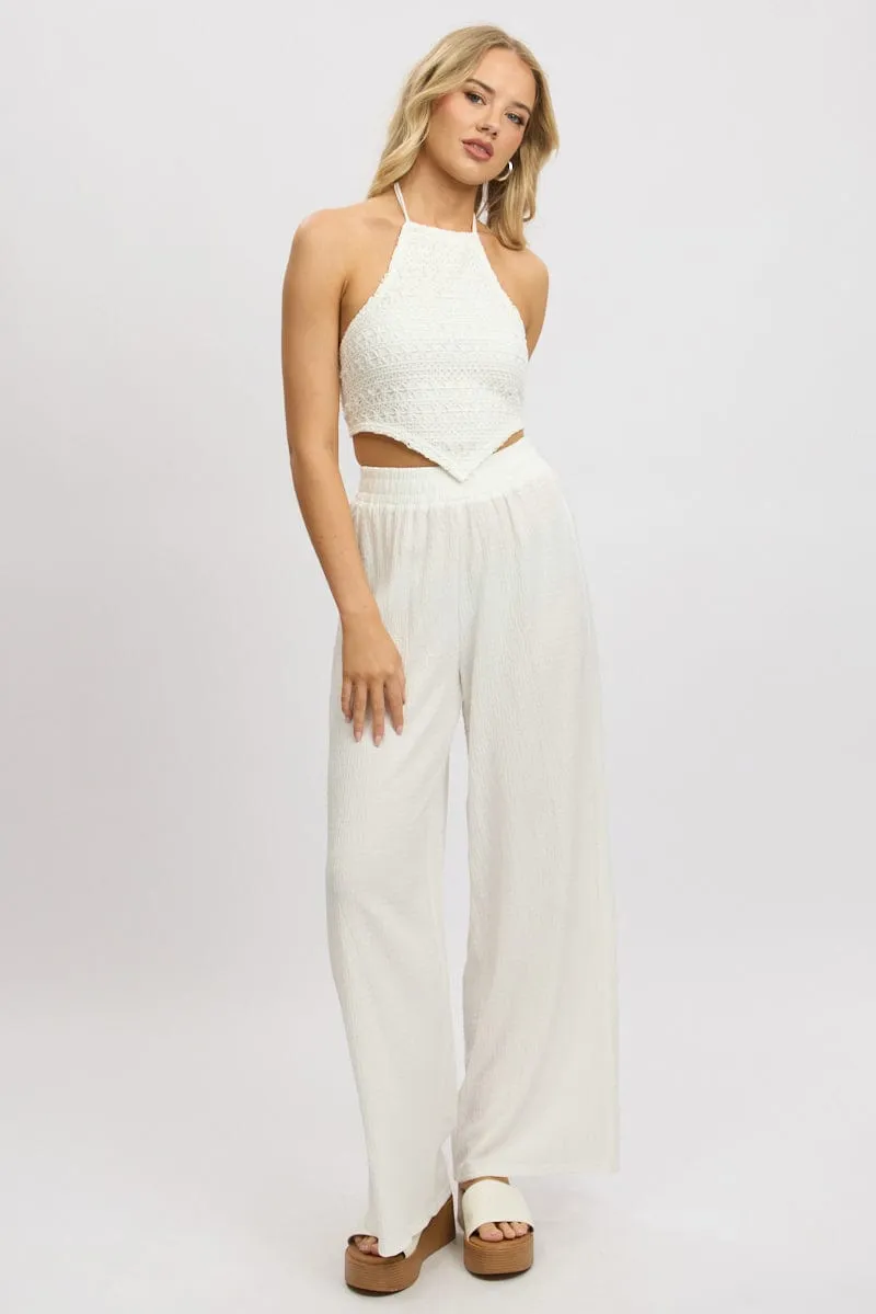 White Wide Leg Pants High Rise Textured Fabric Non Restrictive Cut