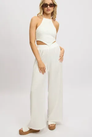 Flexible Knee Panels Corduroy texture White Wide Leg Pants High Rise Textured Fabric