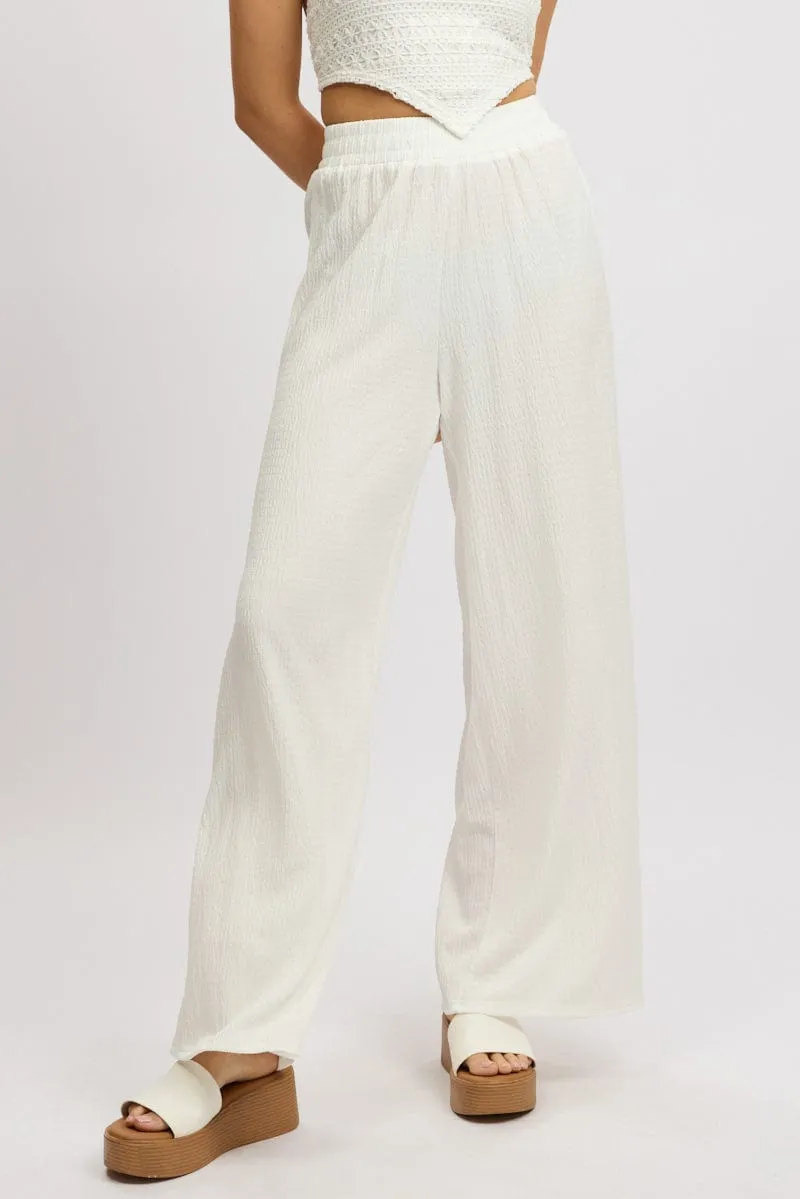 White Wide Leg Pants High Rise Textured Fabric Durable Seam Construction
