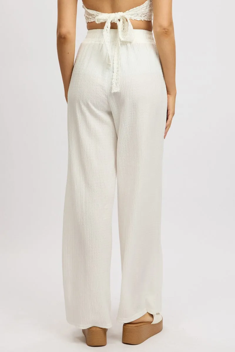 Snag Free Fabric White Wide Leg Pants High Rise Textured Fabric