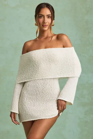 Boucl?? Off-Shoulder Mini Dress in White Scene Beat Y2K Feel