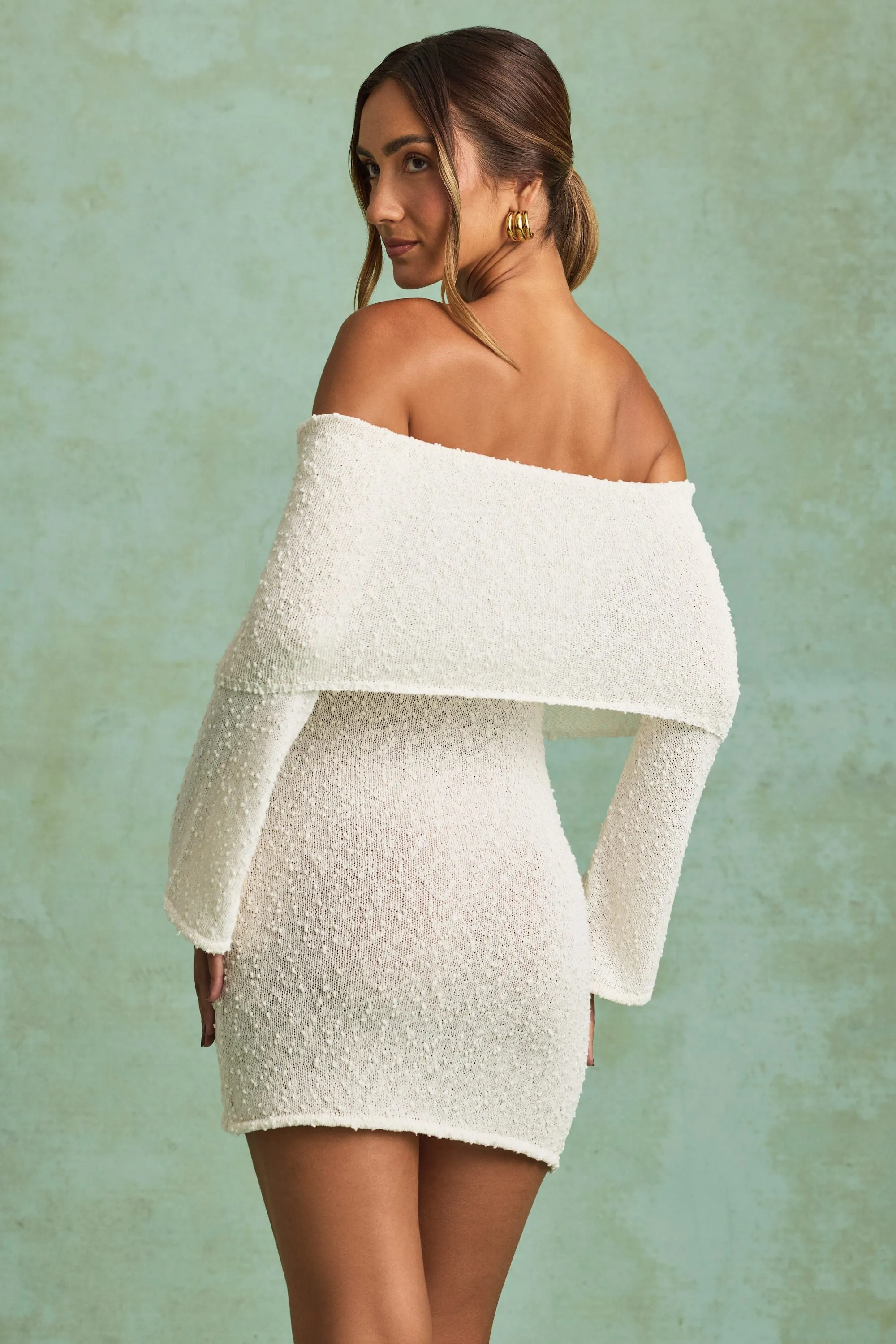 Boucl?? Off-Shoulder Mini Dress in White Shoot Ready Lightweight mini dress