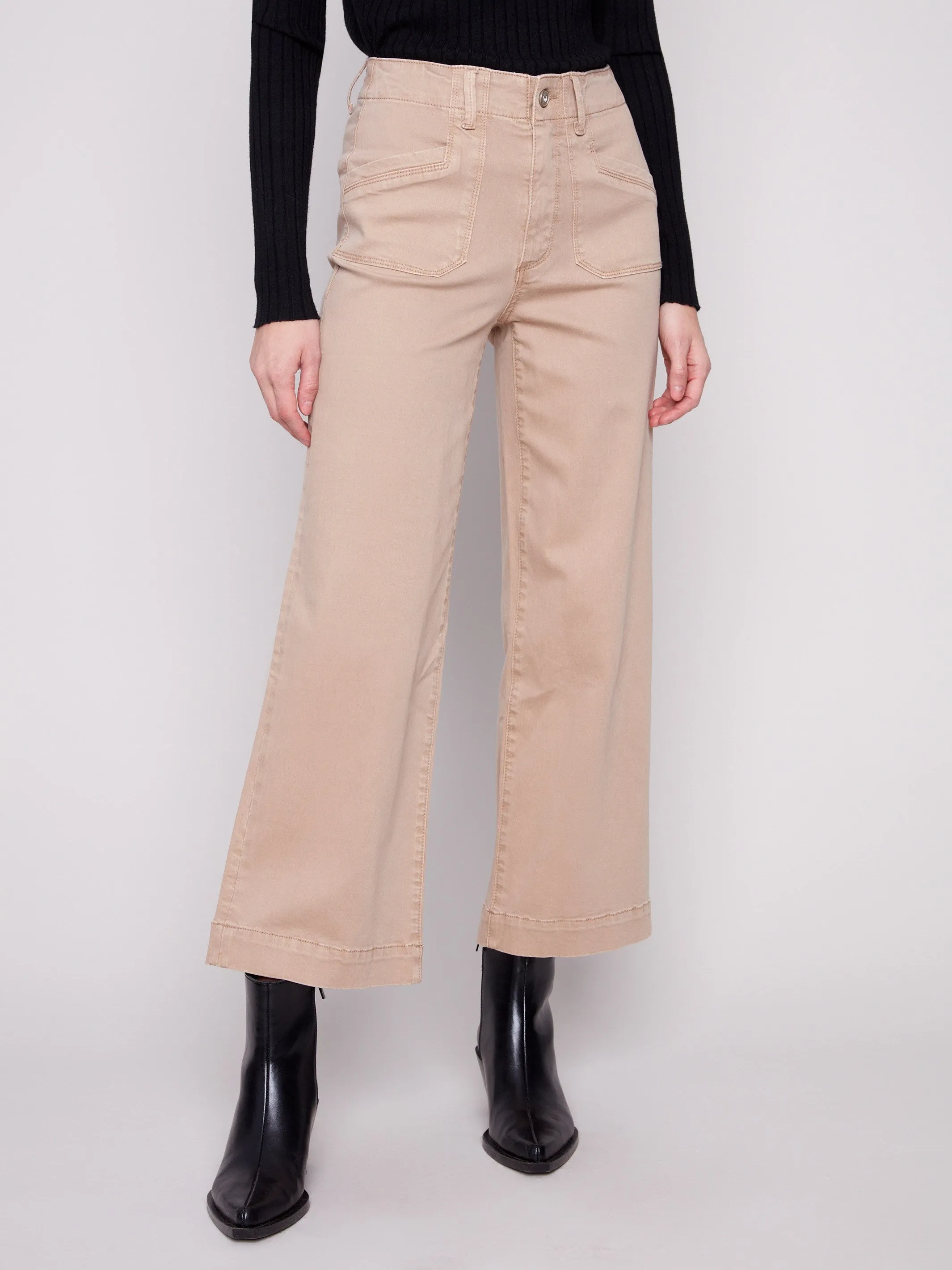 Seasonless wear Outfit Ready Style Cropped Wide Leg Stretch Twill Pants - Sesame
