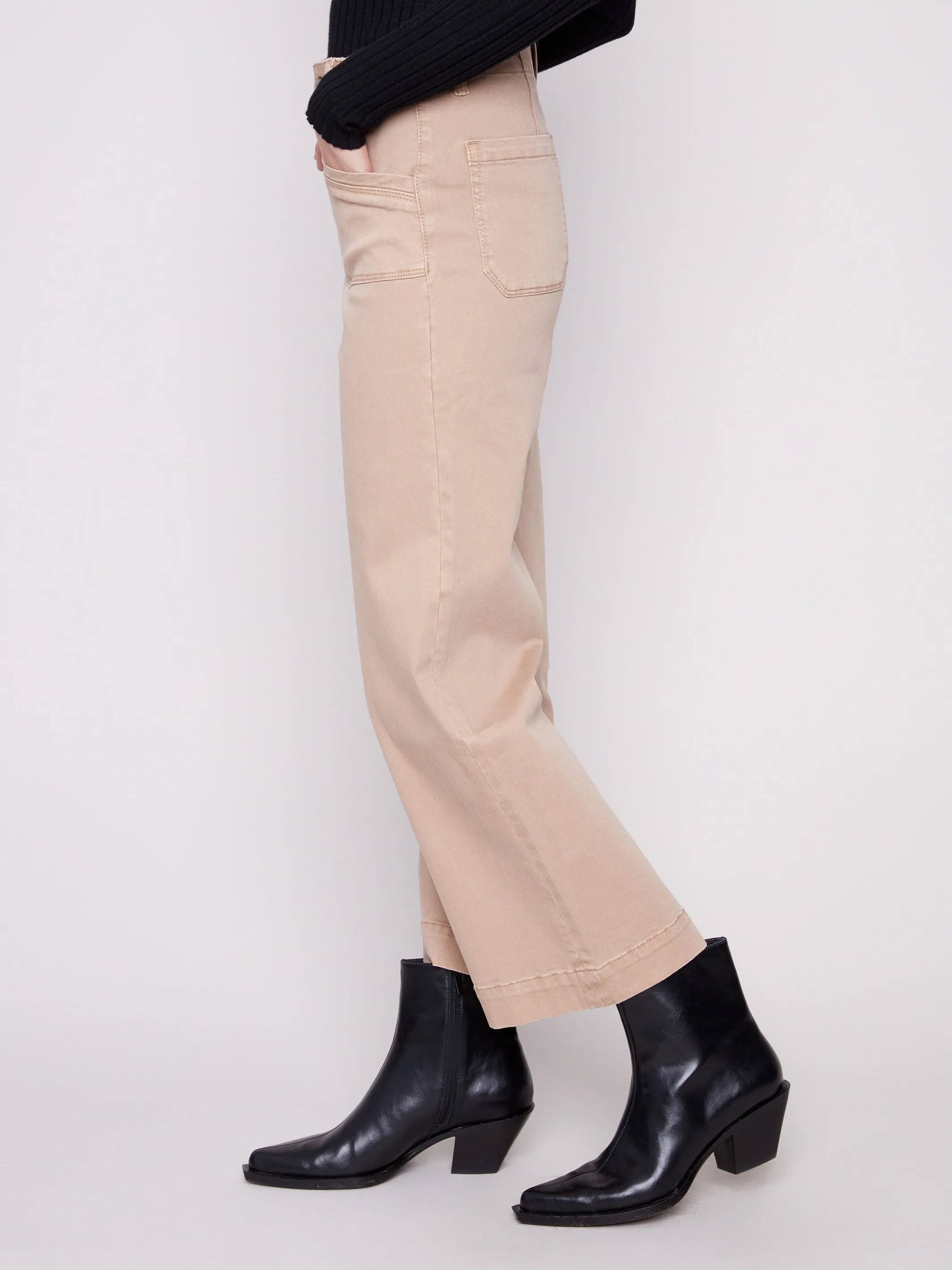 Relaxed Look Cropped Wide Leg Stretch Twill Pants - Sesame