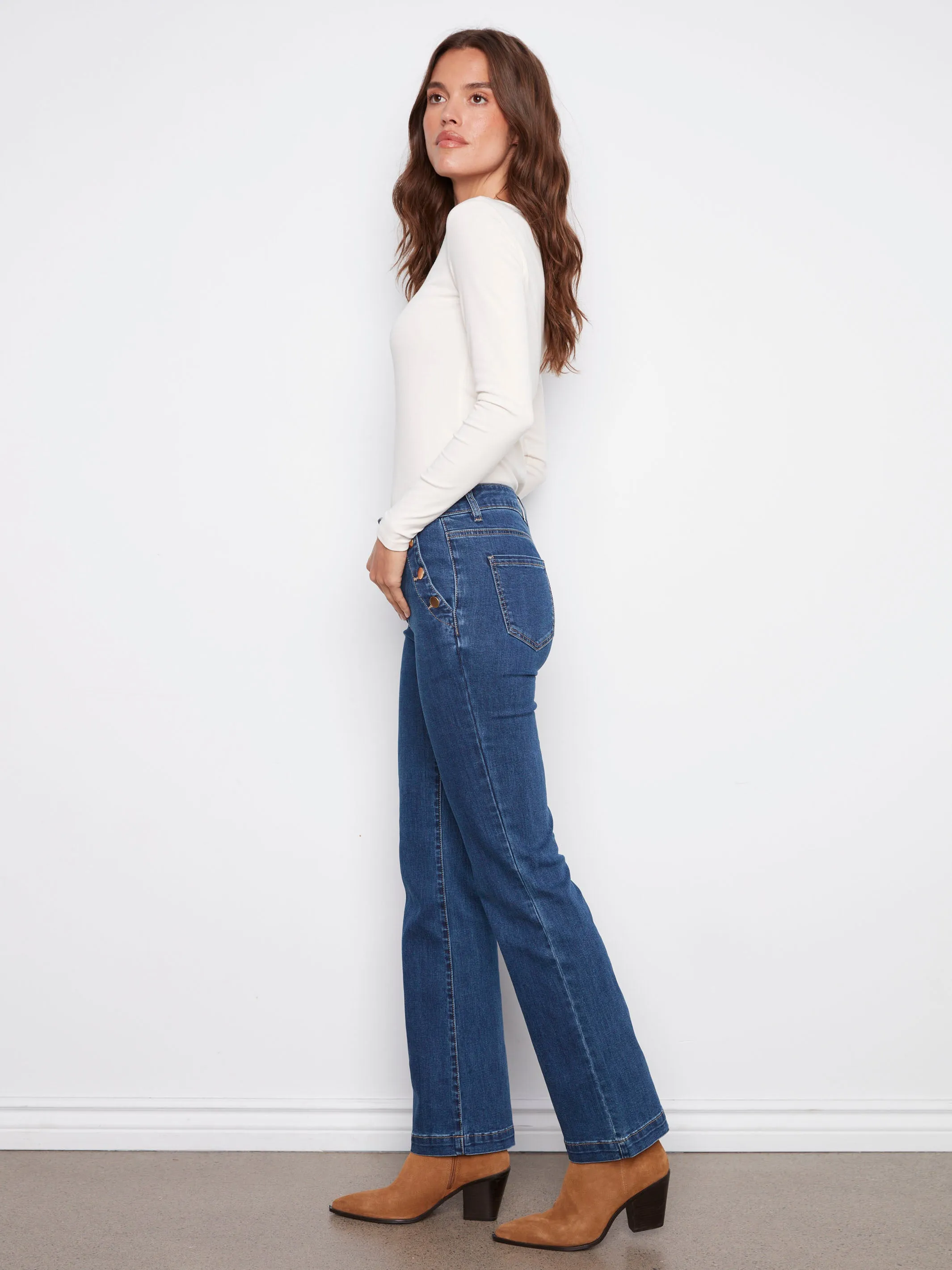Travel Comfort Elegant Urban Explorer Athlete Fit Flare Leg Stretch Jeans With Buttons - Indigo
