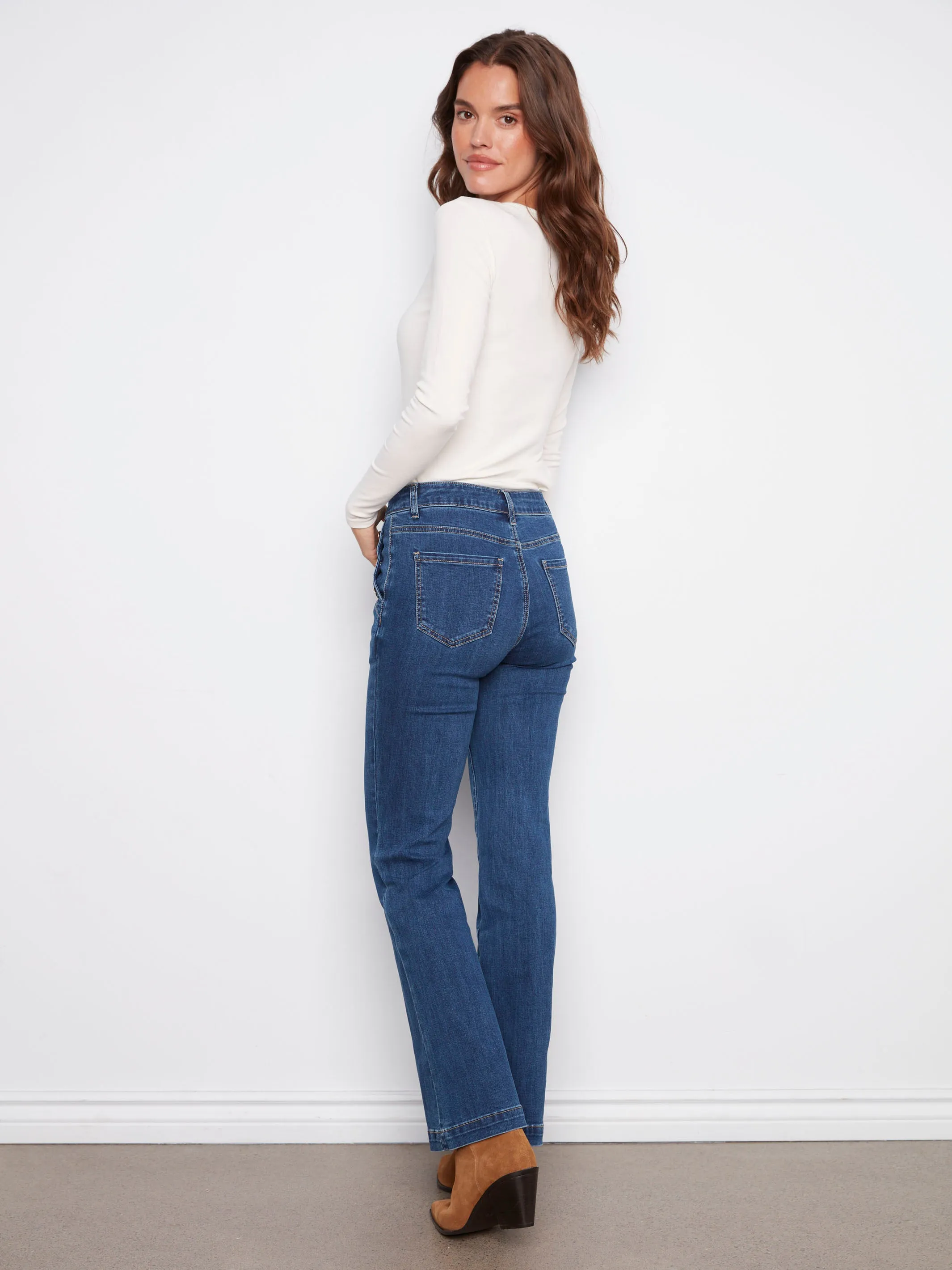 Sporty Look Flare Leg Stretch Jeans With Buttons - Indigo