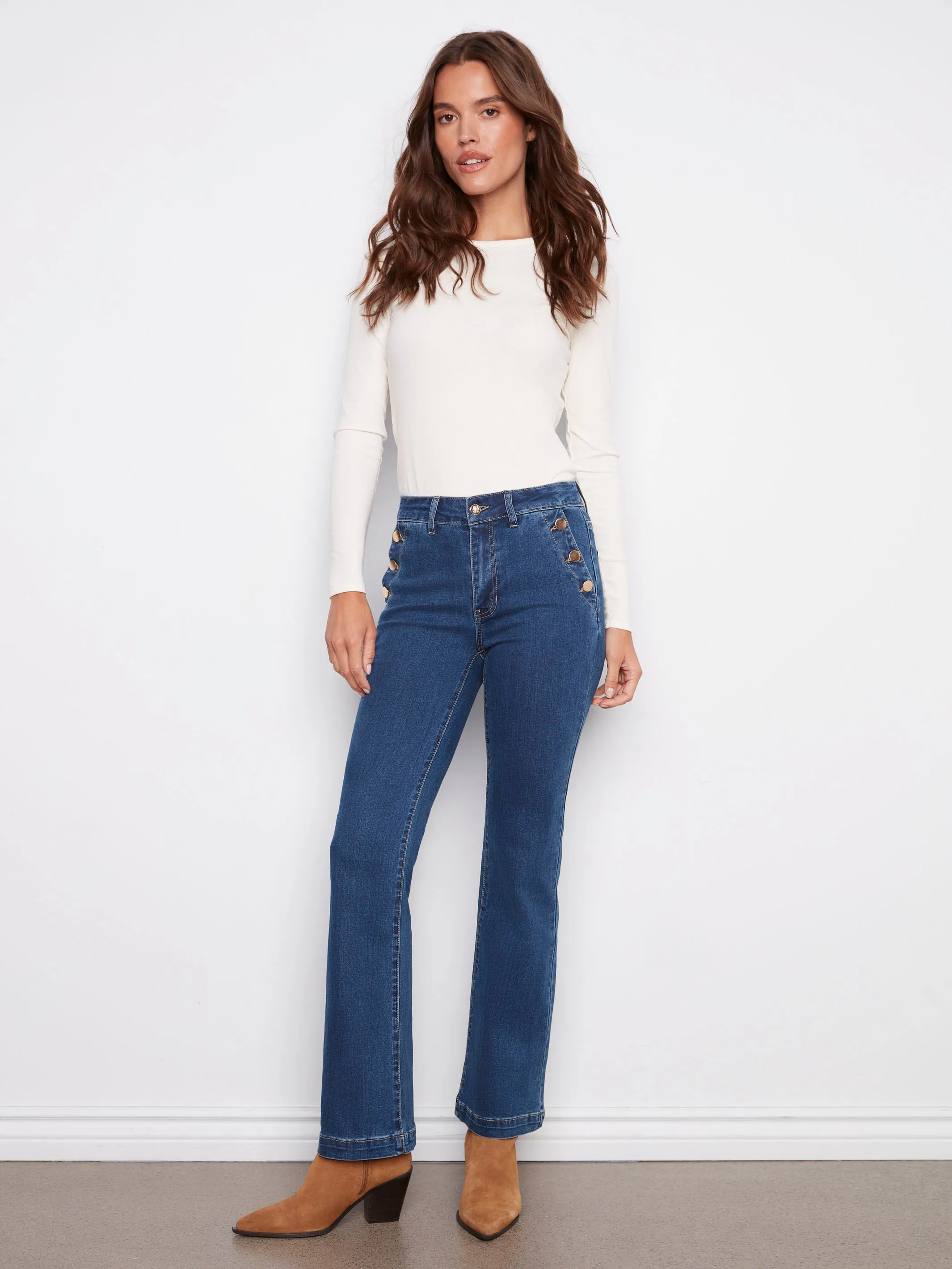 Outfit Mix Flare Leg Stretch Jeans With Buttons - Indigo