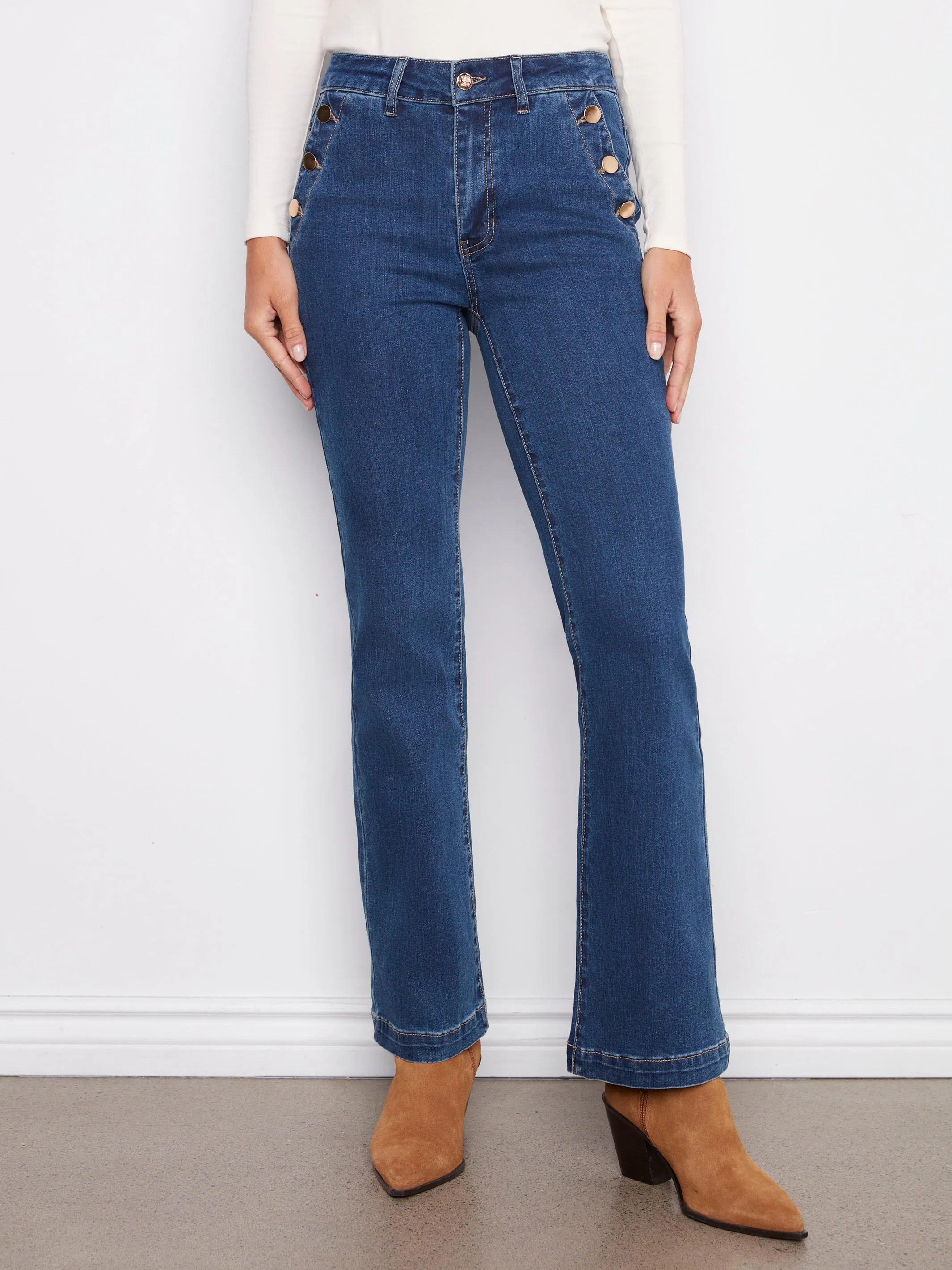 Flare Leg Stretch Jeans With Buttons - Indigo Versatile Winter Warmth Organic Cotton