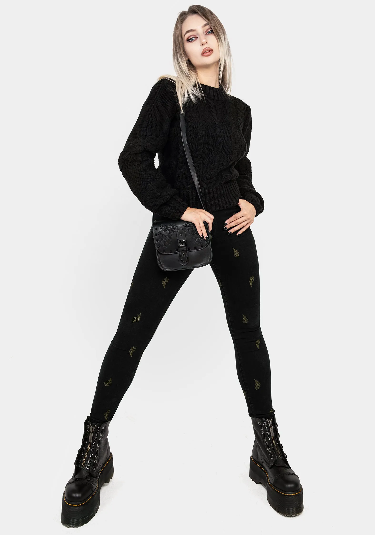 Osmunda Fern Embroidered Denim Skinny Jeans Couple Look Office Wear