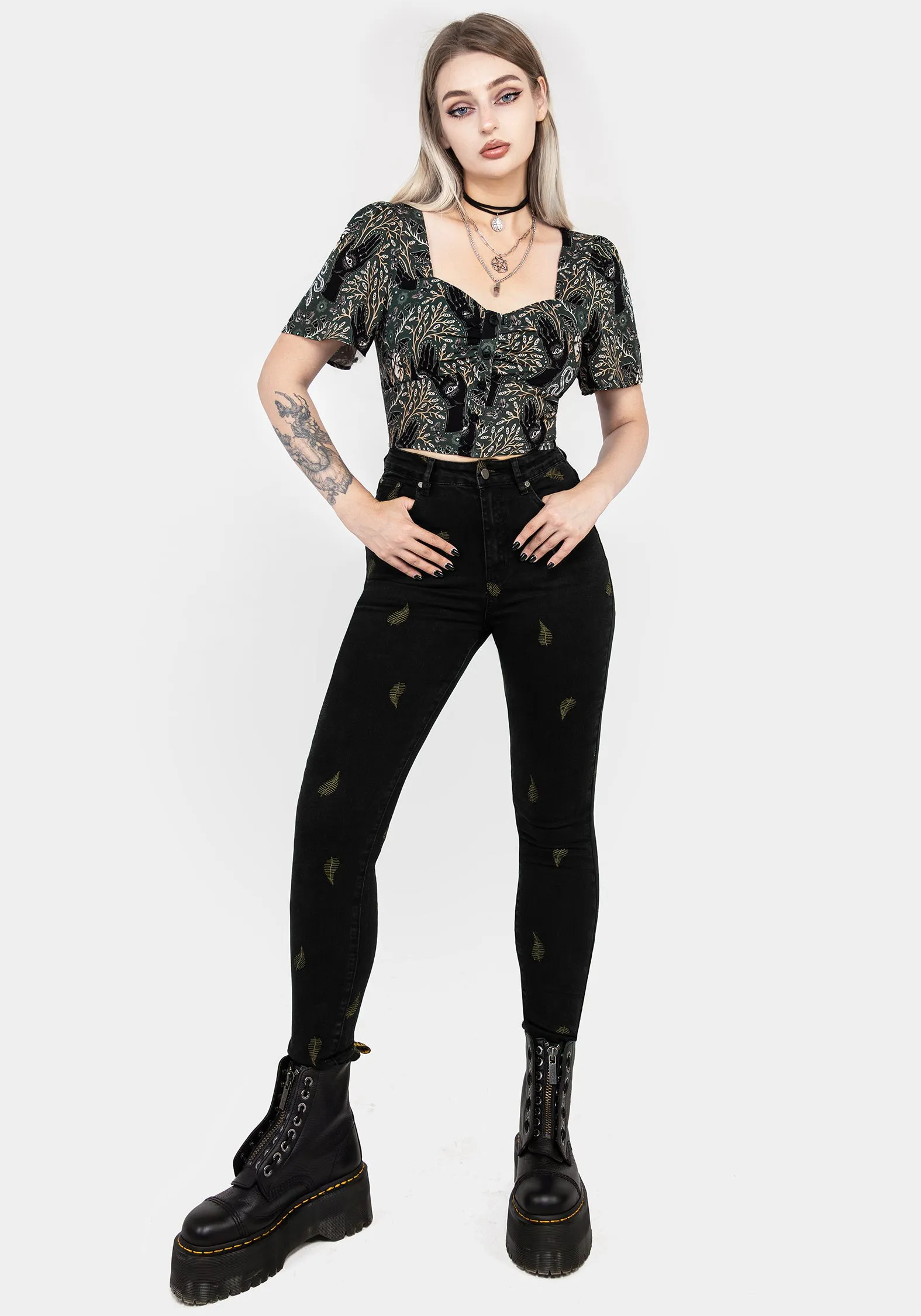 Osmunda Fern Embroidered Denim Skinny Jeans Minimalist Style Family Style Comfy