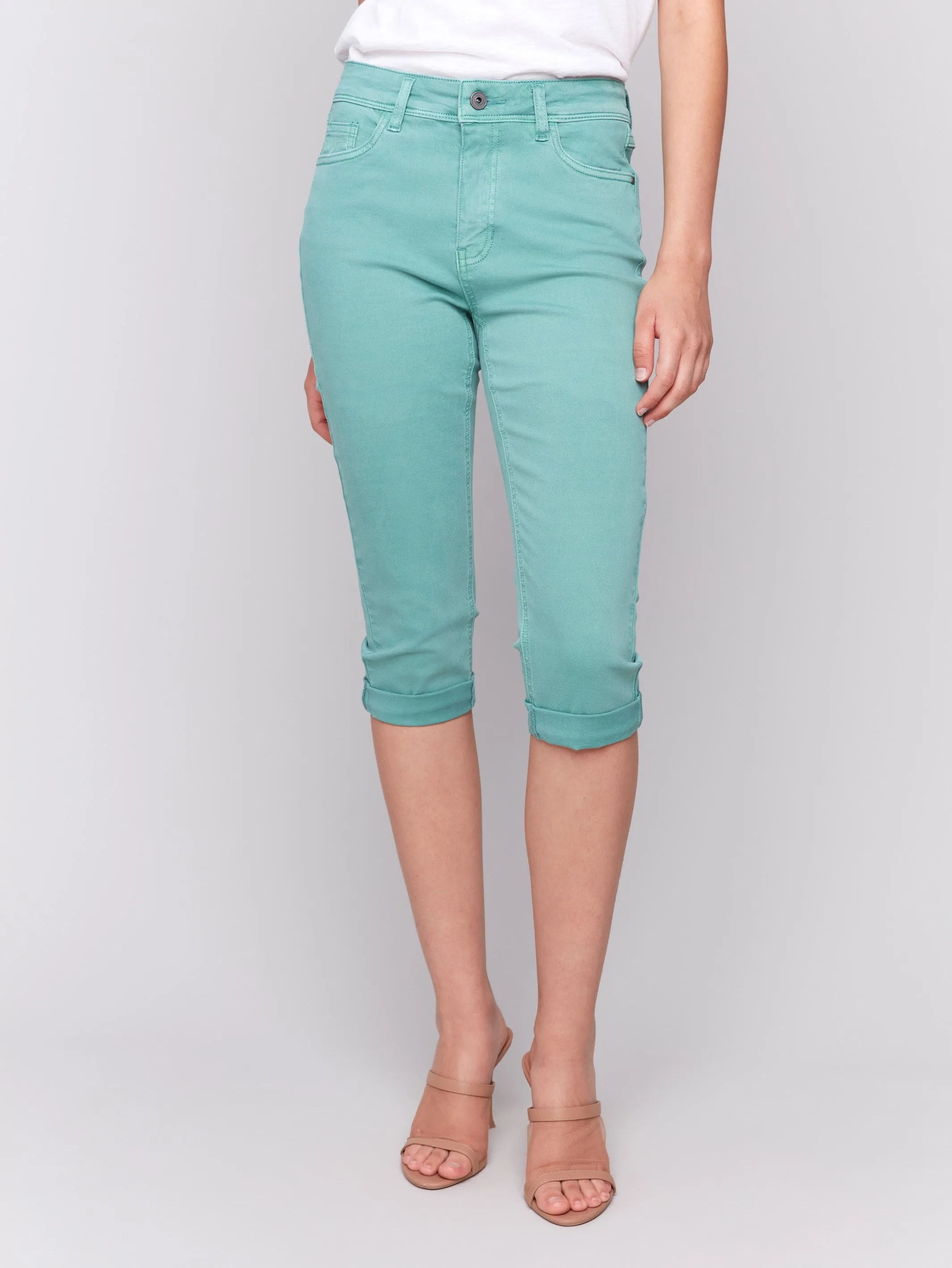 Natural Style Hidden Rivet Details Stretch Twill Pedal Pusher Pants - Lilypad