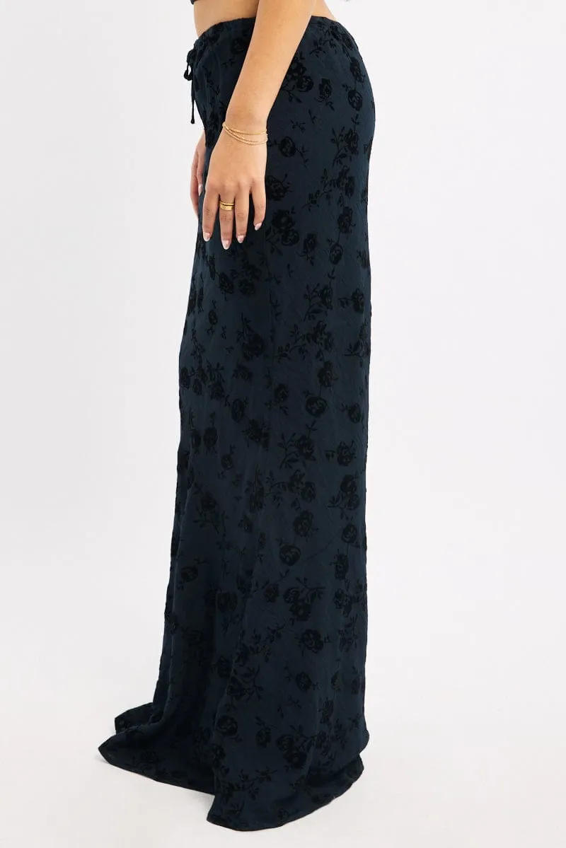 Black Floral Maxi Skirt High Waisted Panelled Detail Burnout Elegant Texture Runway Inspired
