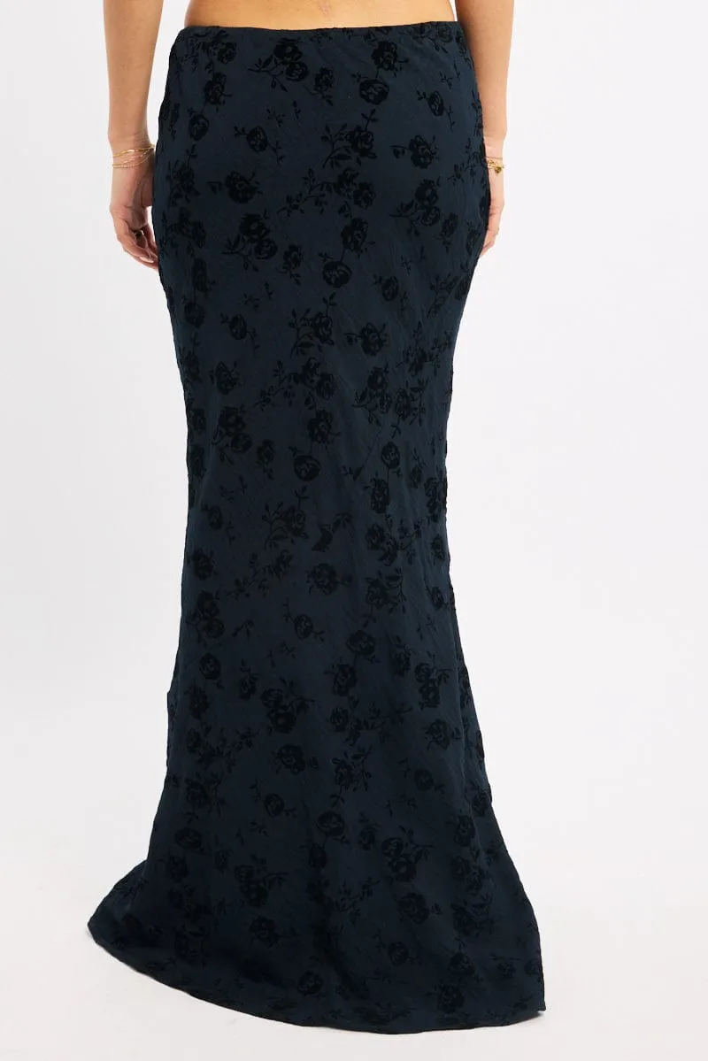 Comfy Wear Black Floral Maxi Skirt High Waisted Panelled Detail Burnout