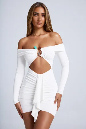 Trendy Mood Hardware Detail Off-Shoulder Cut-Out Mini Dress in White