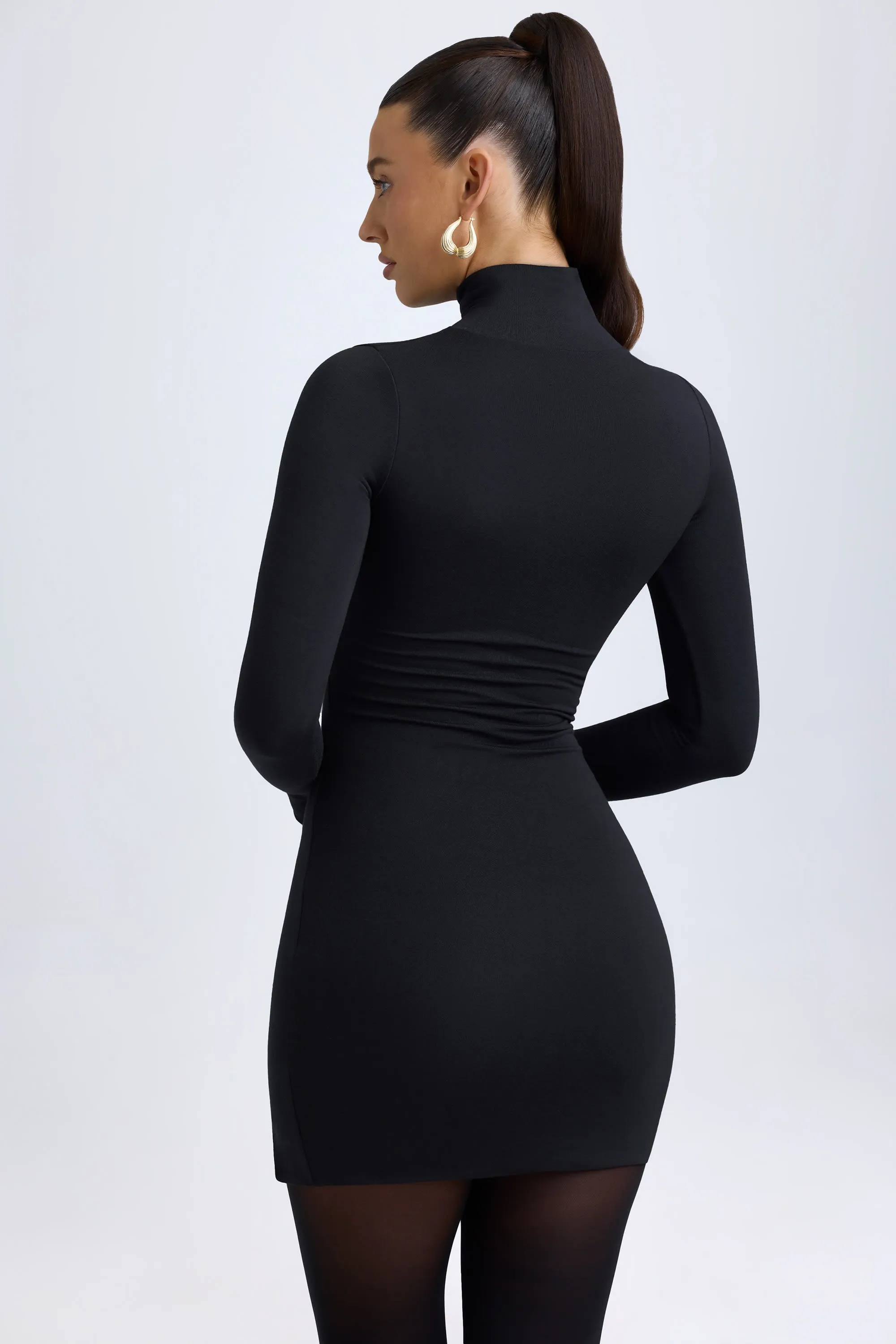 Girl Power Sheer Panel Insertion Modal Turtleneck Mini Dress in Black