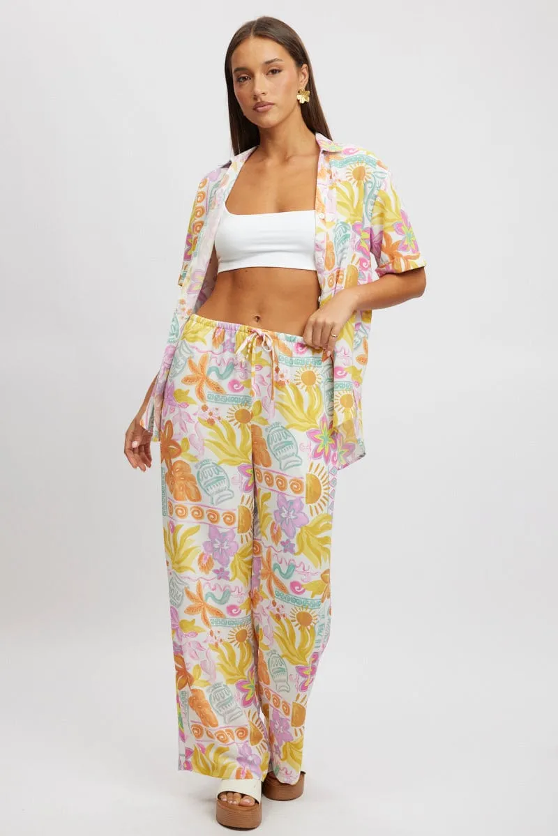Bold Waistband NonChafingLegs Multi Abstract Wide Leg Pants High Rise