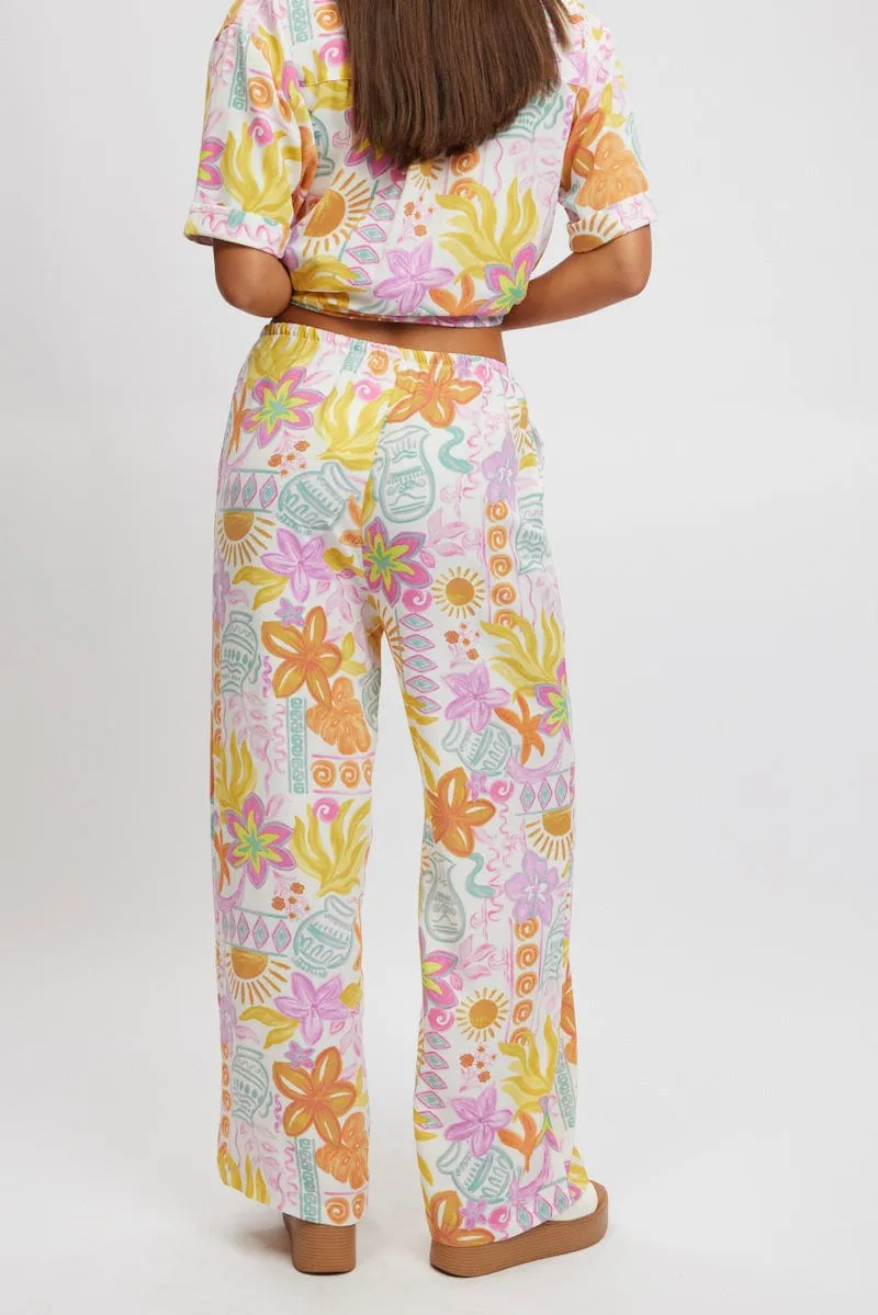 Feminine Fit SeamlessPocketDesign Multi Abstract Wide Leg Pants High Rise