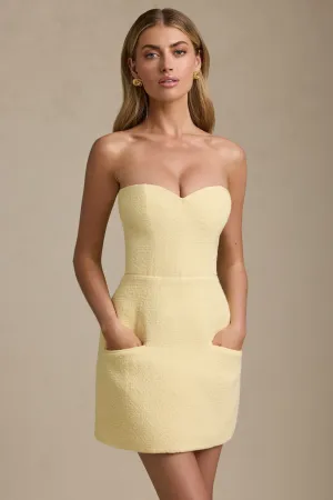 Sweetheart-Neck Strapless Structured Mini Dress in Pastel Yellow Scene Cool
