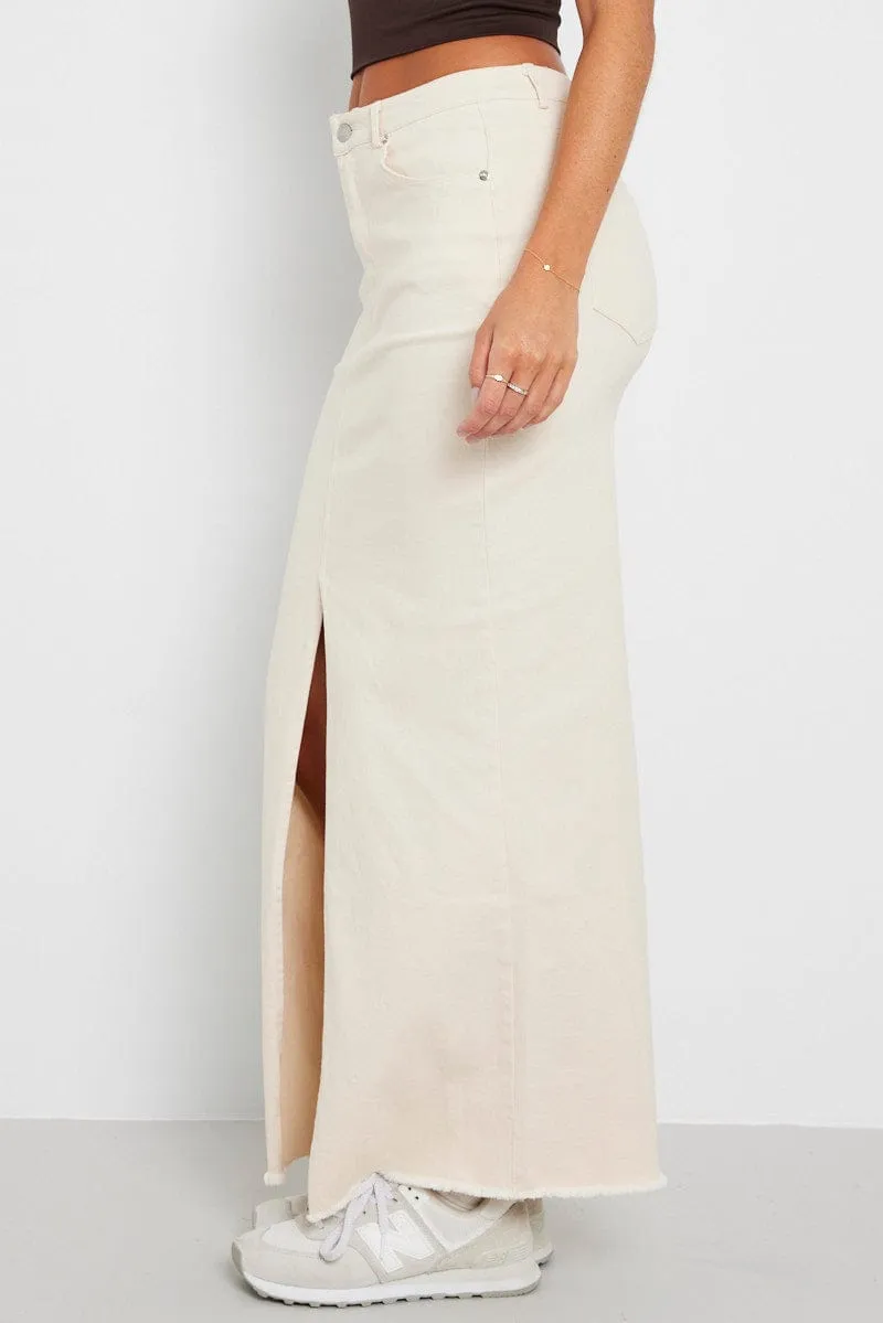 Style Essential Stylish Vibe Beige Denim Skirt Maxi Front Split