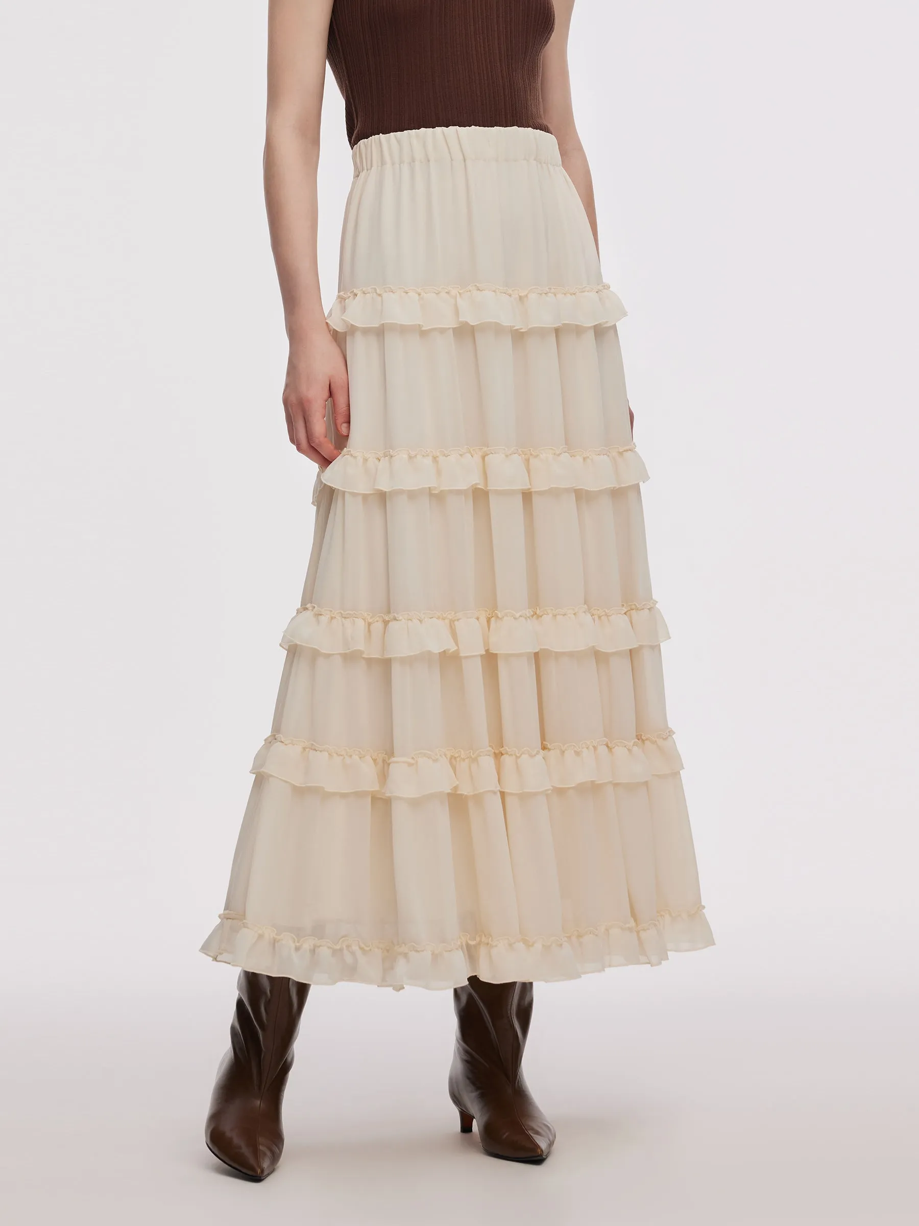 Chiffon Elastic Waist Women Ruffle Tiered Skirt No Ride Up