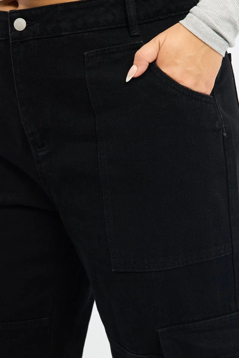 Black Cargo Jeans Mid Rise Plain Favorite