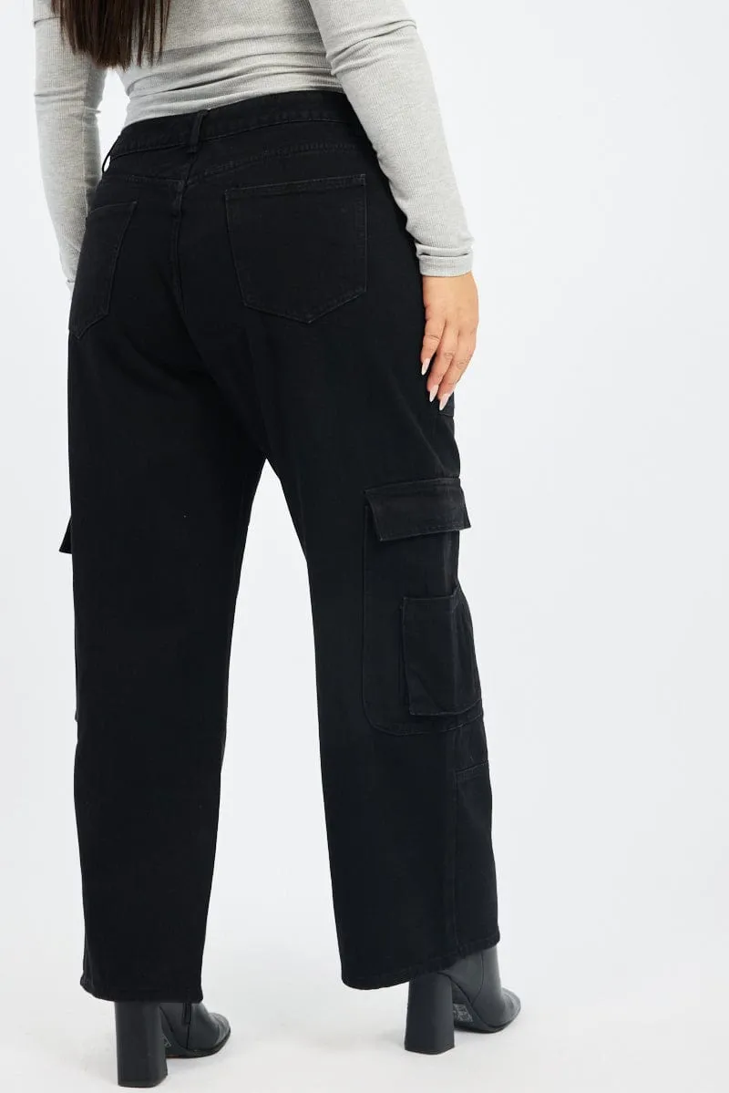 Black Cargo Jeans Mid Rise Acid Wash Effect
