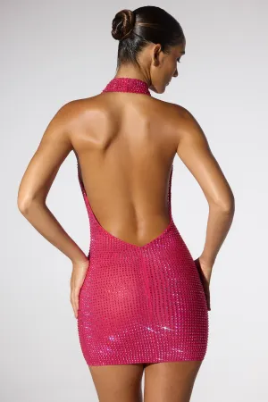 Smart Fit Look Embellished Extreme Cowl Neck Halter Mini Dress in Hot Pink