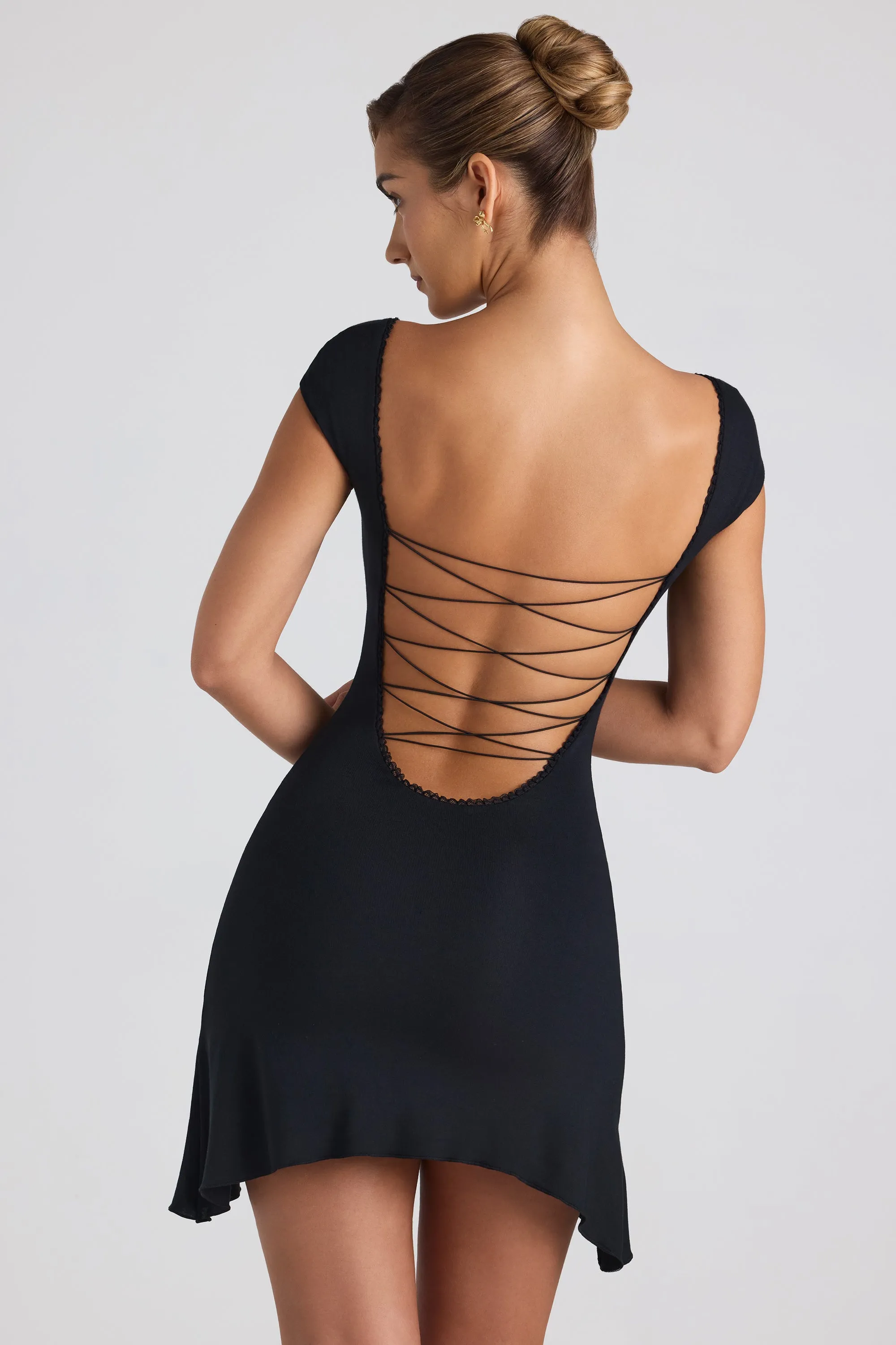 Modal Asymmetric Lace-Up A-Line Mini Dress in Black Uniform Drape Bar Hopping