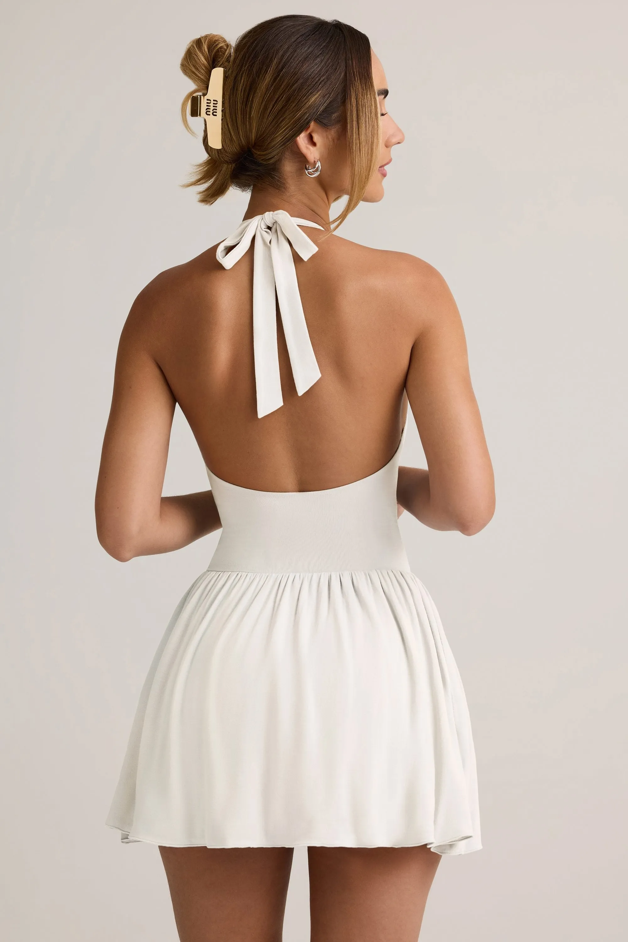Modal Backless Halterneck Mini Dress in White Stretchable Fit
