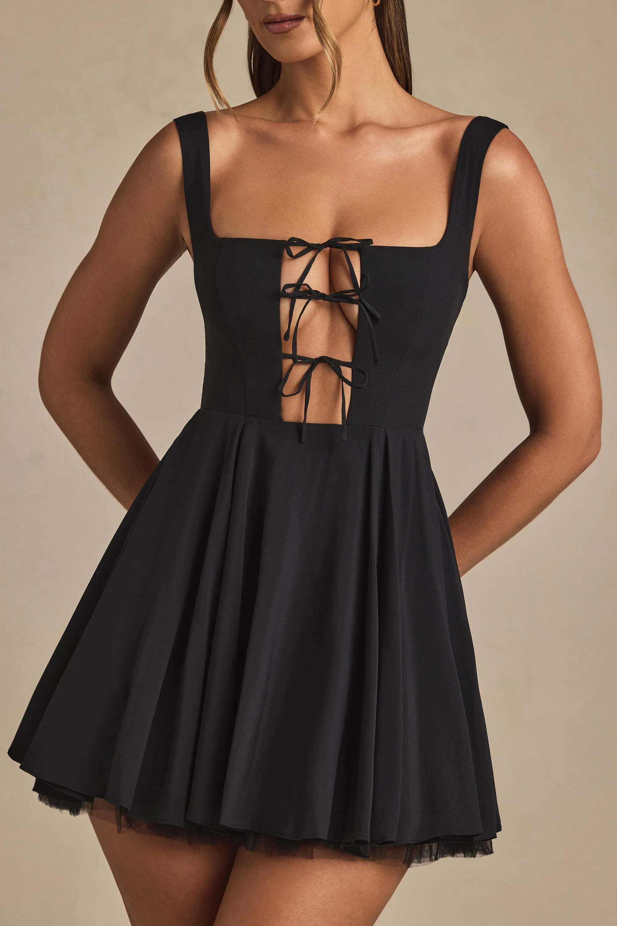 Tie-Detail A-Line Micro Mini Dress in Black Moisture Management