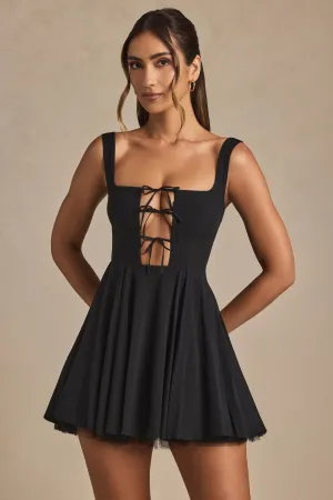 Casual Design Tie-Detail A-Line Micro Mini Dress in Black