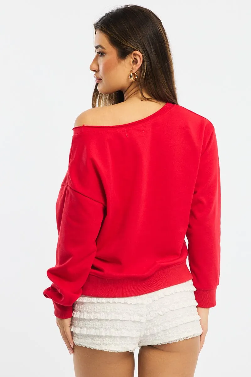 Red Off Shoulder Sweater Long Sleeve product festival wear fun consumer preference
