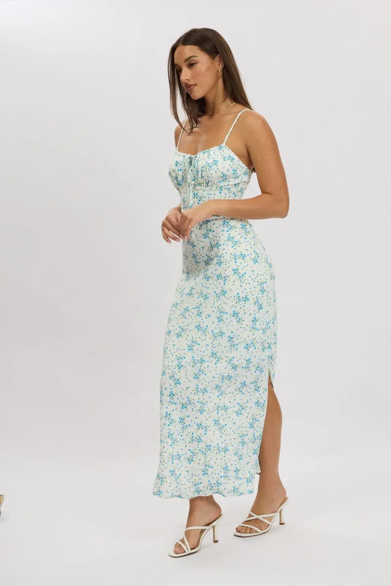Blue Floral Midi Dress Gathering Bust Sleeveless Day-to-night versatile dress