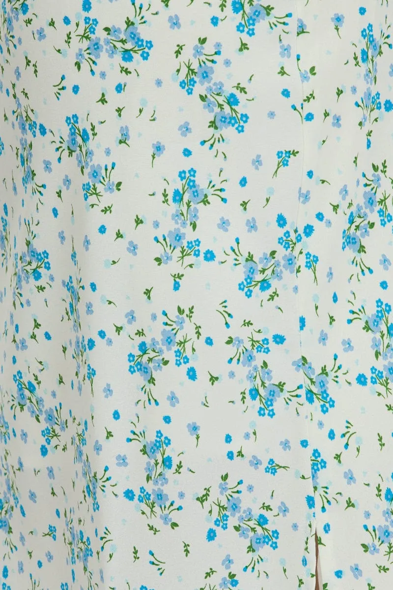 Blue Floral Midi Dress Gathering Bust Sleeveless Elegant Appearance Polished Wardrobe