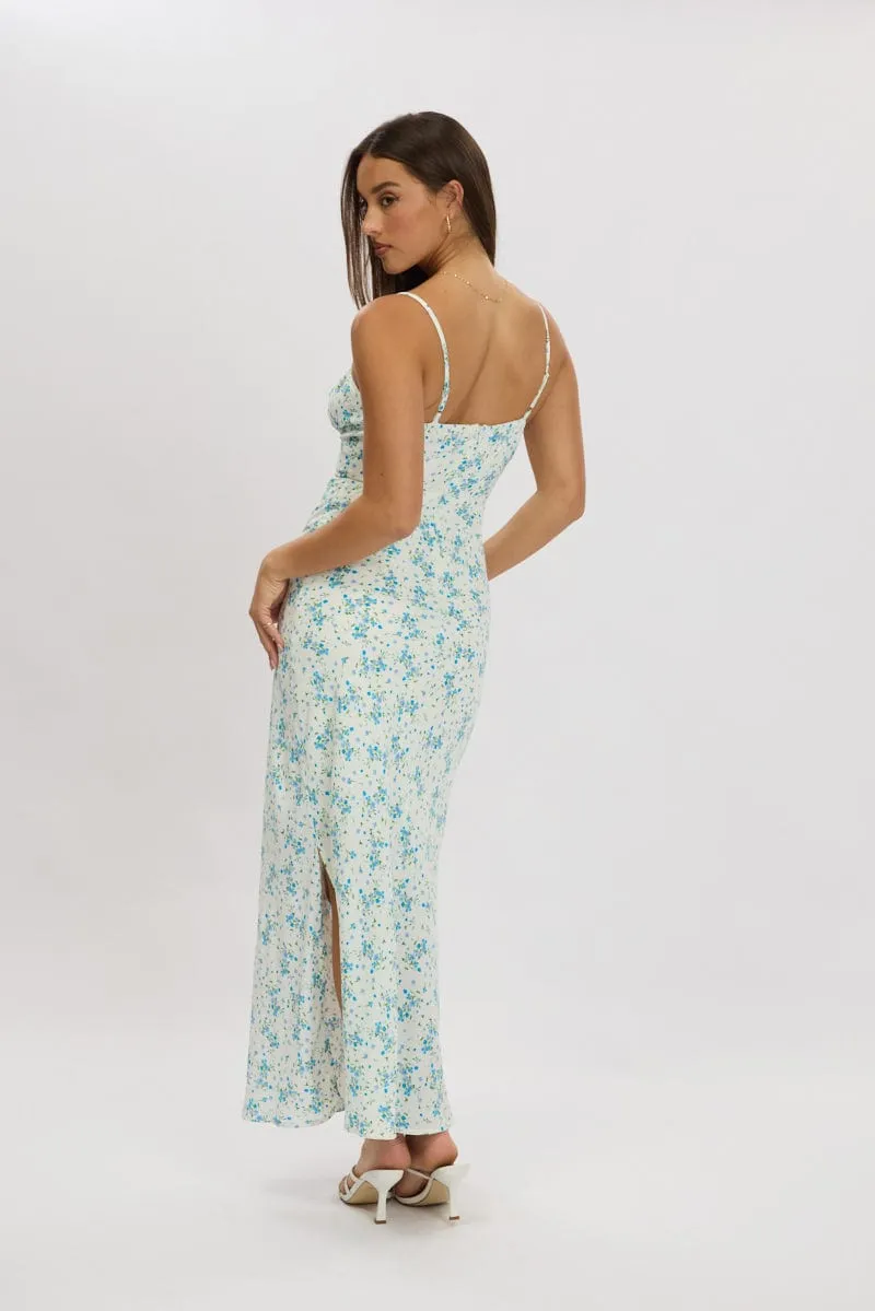 Modern Silhouette Easy-care midi Blue Floral Midi Dress Gathering Bust Sleeveless