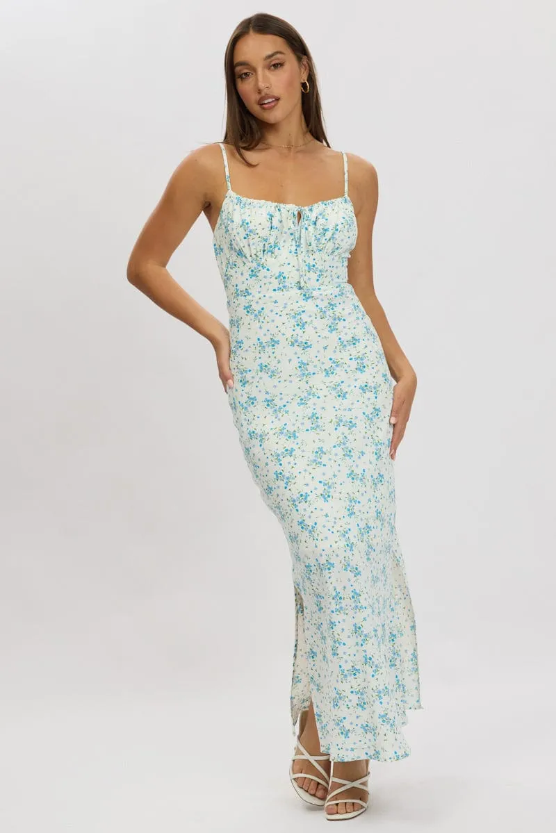 Edgy Youth Comfortable Cut Blue Floral Midi Dress Gathering Bust Sleeveless