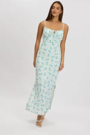 Chic For Work Blue Floral Midi Dress Gathering Bust Sleeveless