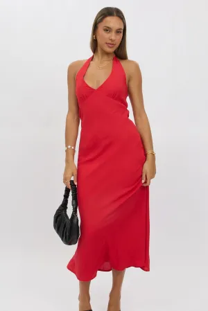 Chic Outfit Seasonal Wear Red Halter Neck Dress Midi
