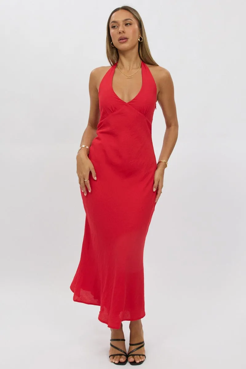 Field Glow Seasonal Wardrobe Red Halter Neck Dress Midi